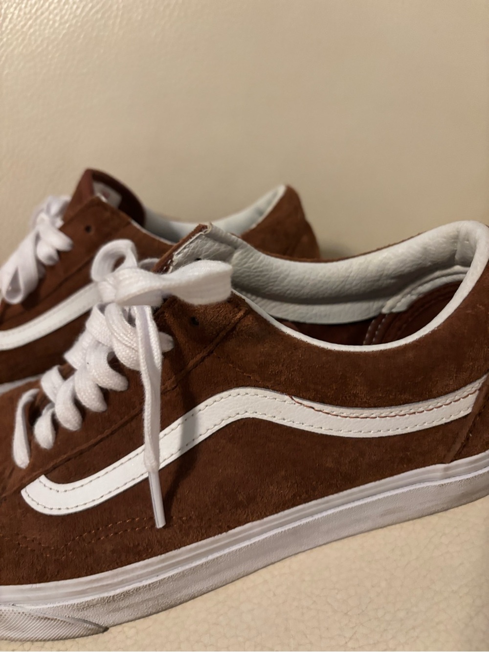 Vans Men’s Brown Suede Old Skool Sneakers with White Stripe